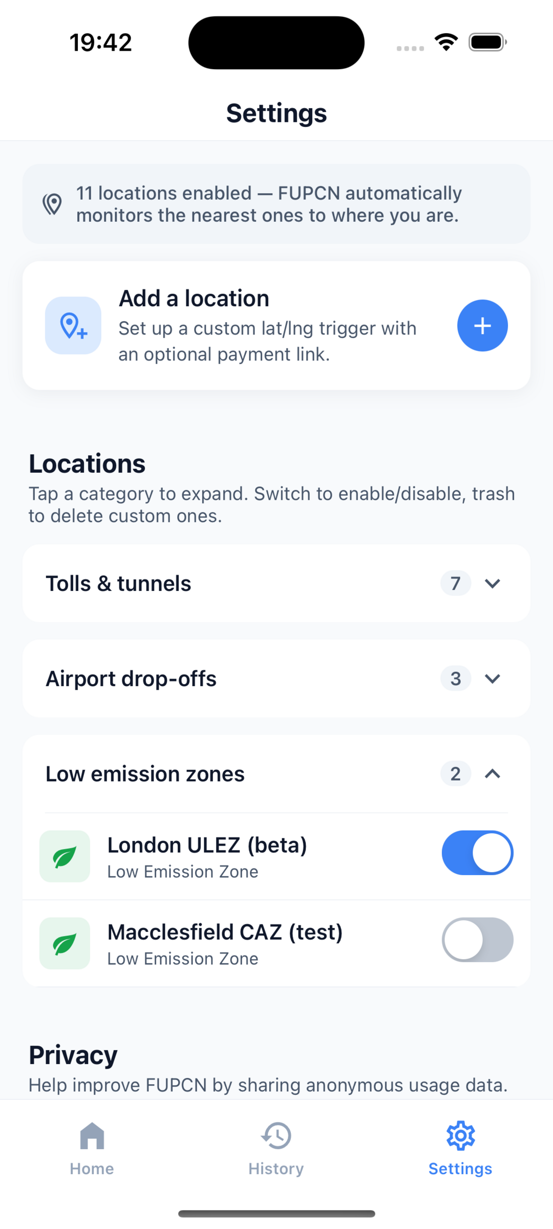 Alert history showing a London ULEZ entry with Pay and Mark-as-paid buttons