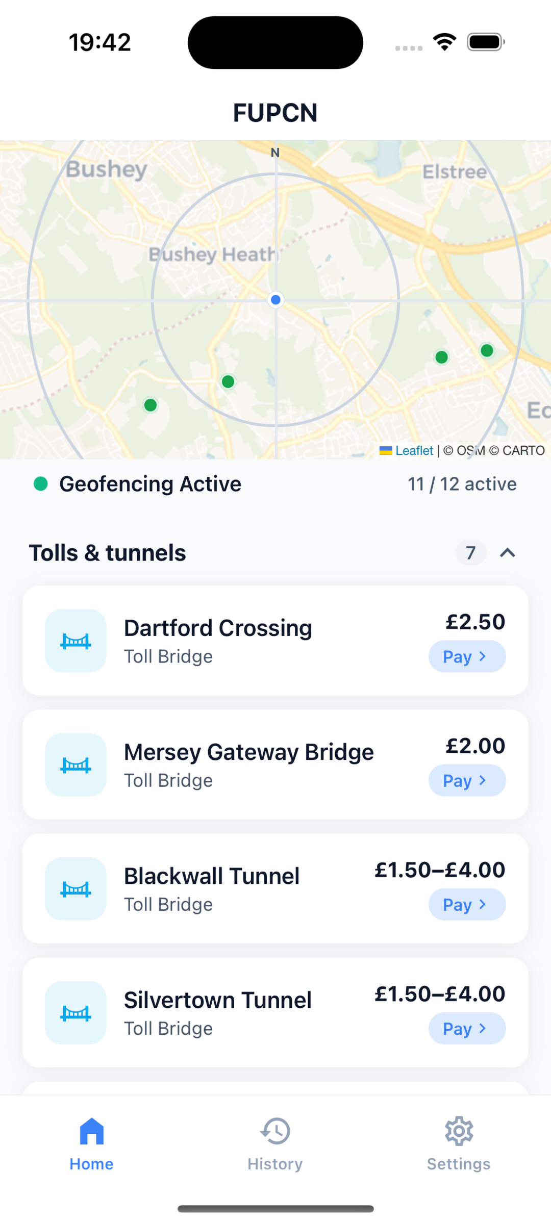 FUPCN home screen showing UK toll locations