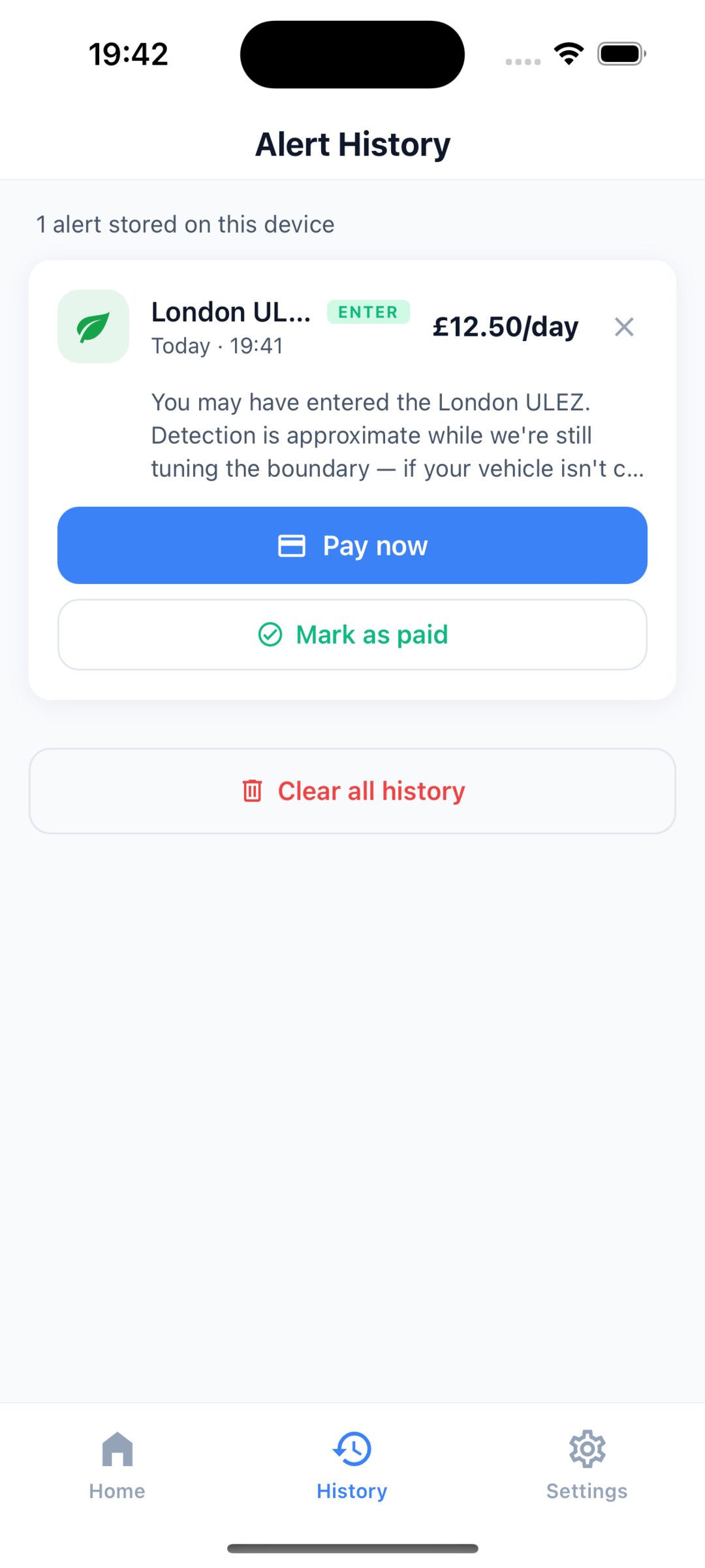 Settings showing built-in toll locations